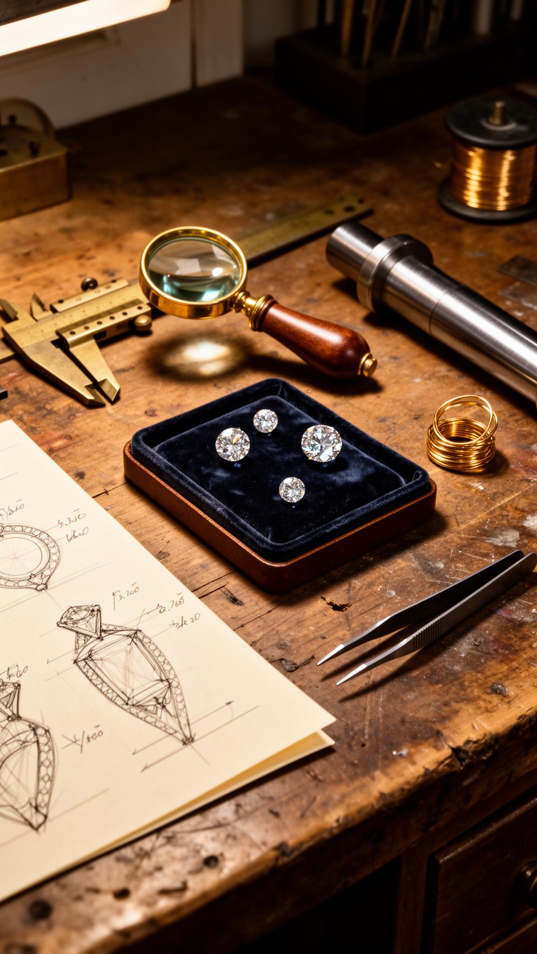 Luxury jewellery atelier still life with loupe, tools and rare gemstones on black marble
