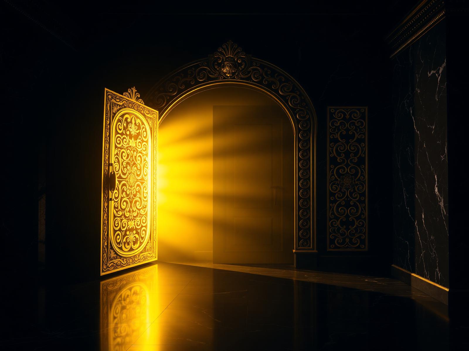 Ornate gold vault doors set into black marble